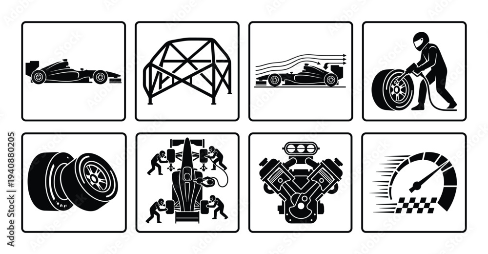 Fototapeta premium Race Car Aerodynamics Vector Set: Formula One, Roll Cage, Wind Tunnel, Pit Stop, Engine, and Speedometer