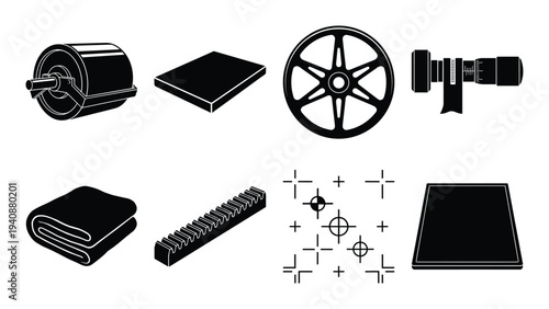 Printmaking press elements: roller, bed, wheel, lens, cloth, rack, target and plate illustration