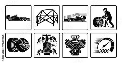 Race Car Aerodynamics Vector Set: Formula One, Roll Cage, Wind Tunnel, Pit Stop, Engine, and Speedometer