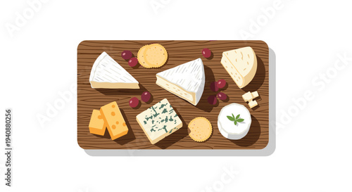 A rustic wooden cutting board, viewed from above, displays an artfully arranged selection of five different cheese types with crackers and grapes.