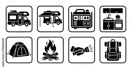 Recreational Vehicle Camping Icons Set with RV, Tent, Campfire, Backpack and other Camping Equipment Black and White