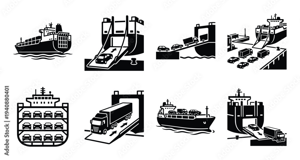 Obraz premium Roll-on/roll-off ships vector icons, transporting vehicles on various vessels and ramp configurations. RoRo ship designs.