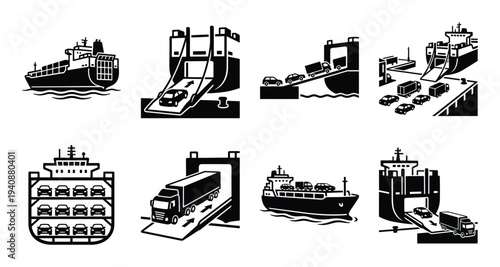 Roll-on/roll-off ships vector icons, transporting vehicles on various vessels and ramp configurations. RoRo ship designs.