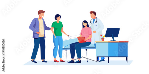 Flat 2D illustration of a patient undergoing a medical examination with two doctors and a nurse, representing healthcare and medical check-ups in a clean, modern ... See More