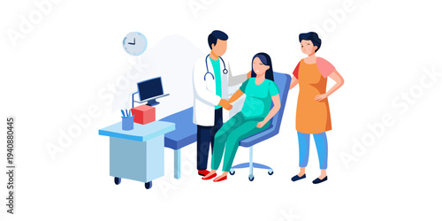 Flat 2D illustration of a patient undergoing a medical examination with two doctors and a nurse, representing healthcare and medical check-ups in a clean, modern ... See More