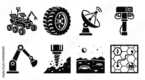 Rover vector set of rover, wheels, instruments, drill, satellite dish, lunar landscape, arm and map design elements