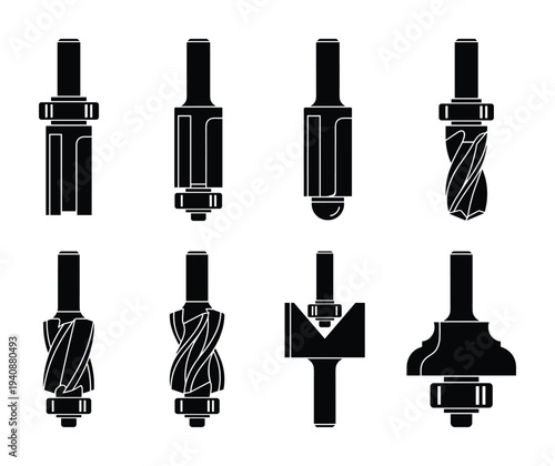 Router bit bearing guide icons set, different types of cutters for woodworking, vector illustration, tool, equipment, machines