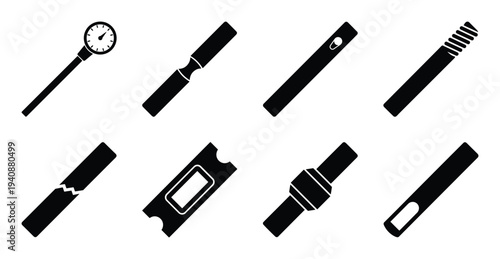 Safecracking tools silhouette collection, including gauge, pick, tension wrench, and lock pick for security systems, black and white.