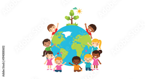 A diverse group of smiling cartoon children are happily waving around a large blue and green globe with a tree and sun on top.