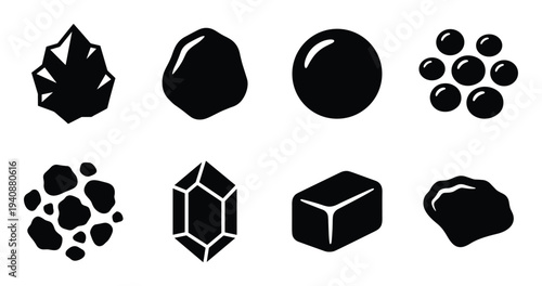 Sand grain icons various designs vector set. Stone, pebble, jewel, sphere, gem, grain, crystal, cube. Isolated objects.