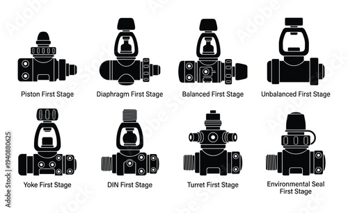 Scuba diving regulator first stages detailed illustration. Piston, diaphragm, balanced, unbalanced, yoke, DIN, turret, environmental seal.