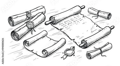 Scrolls and seals collection illustration set, includes open and rolled manuscripts, with vintage and antique style drawing elements