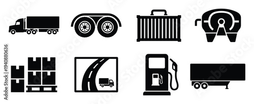 Semi-truck transportation vector set of trailer, wheels, cargo container, gas station, and packages isolated illustration