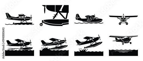Seaplane vector illustrations: floats, hull, wings, takeoff, landing on water, front view and side profile, silhouette collection