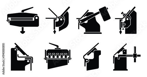 Sheet metal brake bending icons set, manufacturing process, metalworking machines, industrial equipment collection vector