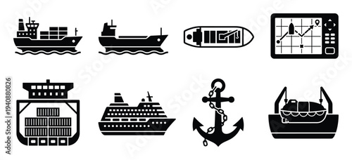Ship, Hull, Deck, Navigation Icon Set Vector Silhouette: Cargo ship, Tanker ship, Radar, Anchor and Lifeboat vessel symbols