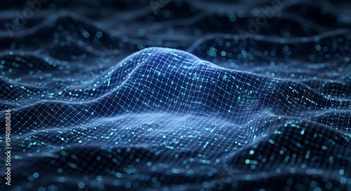 Abstract dark blue digital data grid mesh landscape featuring glowing light points and flowing undulating terrain representing cyberspace networks big data visualization and 3D wireframe information 