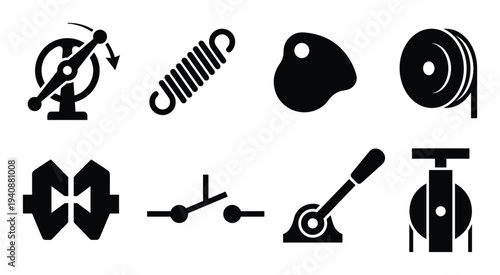 Silhouette collection of mechanical and electrical components, switches, springs, reels, and levers in detailed black vector