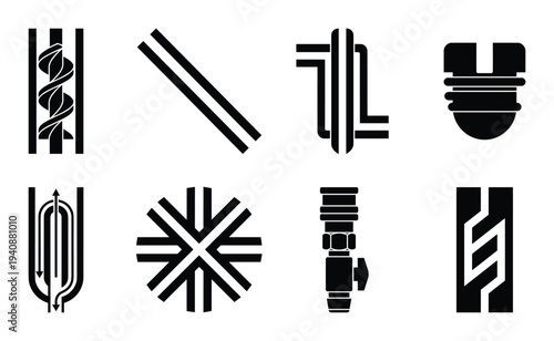 Silhouette collection of injection molding design elements, plastic parts, and industrial system icons for engineering concepts.