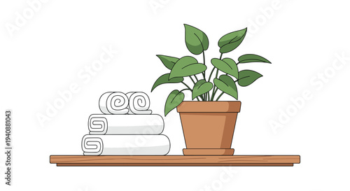 A stack of three white rolled towels is placed next to a green potted plant on a light brown wooden shelf.