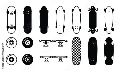 Skateboard vector set: skateboard decks, wheels, trucks. Collection of skateboard components for skating and street sport.