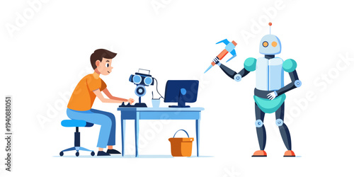 Testing and repairing bugs in programs. Isolated employee helping robot to improve quality of work, automatization of project making. Vector in flat cartoon style See Less
