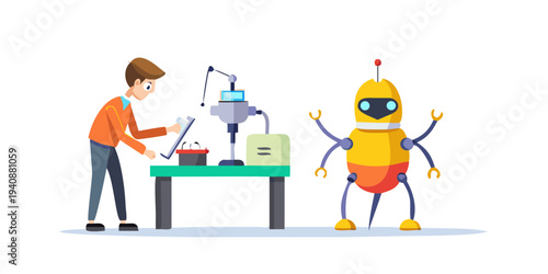 Testing and repairing bugs in programs. Isolated employee helping robot to improve quality of work, automatization of project making. Vector in flat cartoon style See Less
