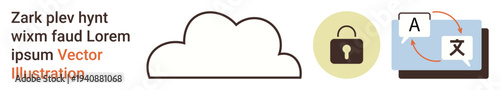 Data security, cloud storage, language translation, online safety, communication tools, app development. Cloud, padlock translation icons on a white background. Cloud storage and online safety
