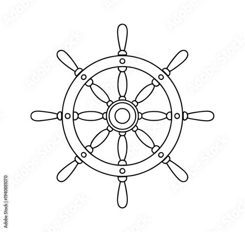 Ship steering wheel one line illustration, nautical helm continuous line drawing in minimalist outline style, marine navigation symbol vector icon for maritime, sailing, logo, tattoo, and ocean design