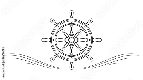Ship steering wheel one line illustration, nautical helm continuous line drawing in minimalist outline style, marine navigation symbol vector icon for maritime, sailing, logo, tattoo, and ocean design