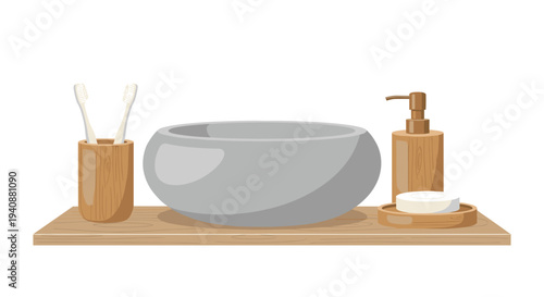 A bamboo toothbrush holder, grey stone bowl, wooden soap dispenser, and bar soap are arranged on a light brown wooden shelf.