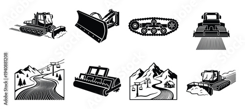 Snow groomer vector icons set with snowplows, tracks, mountain ski slopes and lift. Winter sports machines and landscape