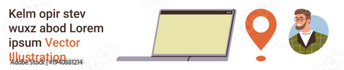 Navigation, communication, location services, user identity, remote work, digital interaction. A laptop, a location pin and a user avatar are . Navigation and communication concept