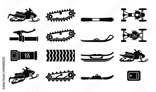 Snowmobile vector icons set, snowmobile parts and accessories, track, handlebar, snowboard, engine, ski and seat isolated on white