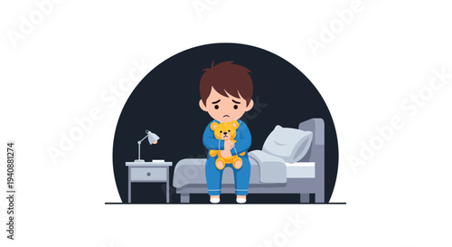 A sad cartoon boy in blue pajamas is sitting on the edge of a bed, holding a teddy bear next to a nightstand.