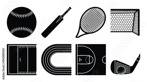 Sports Equipment Icons Collection: Baseball, Cricket Bat, Tennis Racket, Soccer Goal, Football Field, Running Track