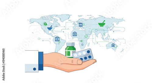 A hand is holding a green medicine bottle and a blister pack of pills in front of a blue world map with medical icons.