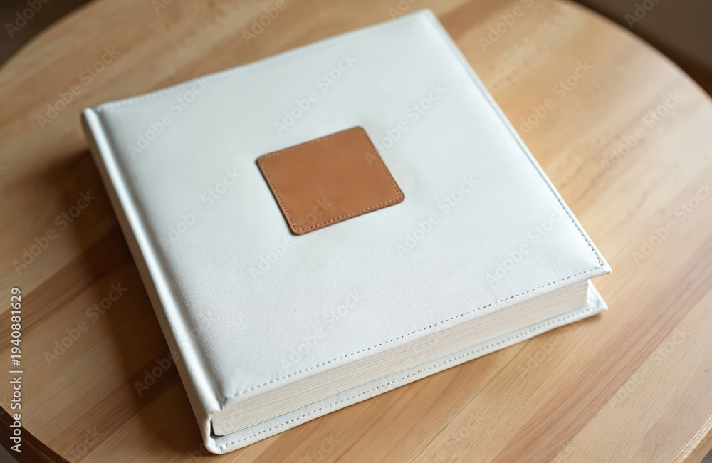 Fototapeta premium White leather photo album with brown square accent sits on light wood table. Classic binding offers space for cherished memories, printed photographs. Minimalist, clean design for kepicake collection.