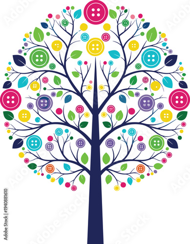 Colorful whimsical tree illustration with button ornaments and decorative leaves creating playful modern botanical artwork isolated on white background