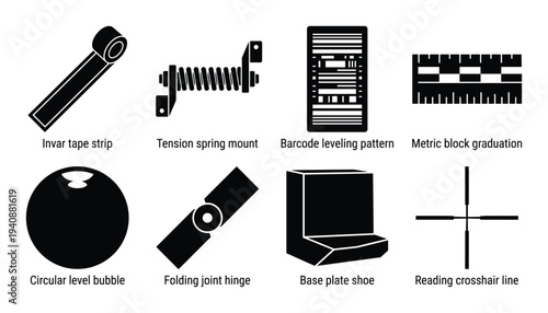 Surveying level rod parts illustration: Invar tape strip, spring mount, barcode leveling pattern, metric graduation
