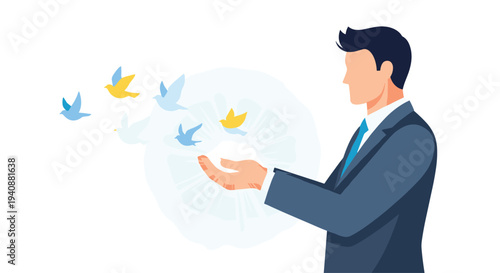 A businessman in a dark blue suit stands with open hands, releasing a flock of stylized blue and yellow birds against a clean white background.