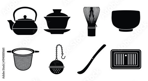 Tea Ceremony Utensils Silhouette: Teapot, Gaiwan, Whisk, Bowl, Strainer, Scoop, Matcha, and Tray Black Icons