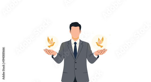 A man in a gray suit stands facing forward, holding a glowing golden dove in each open hand against a pristine white background.