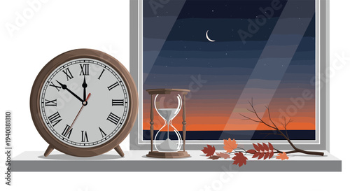 An antique clock and an hourglass sit on a windowsill with autumn leaves, overlooking a night sky transitioning to an orange sunset.