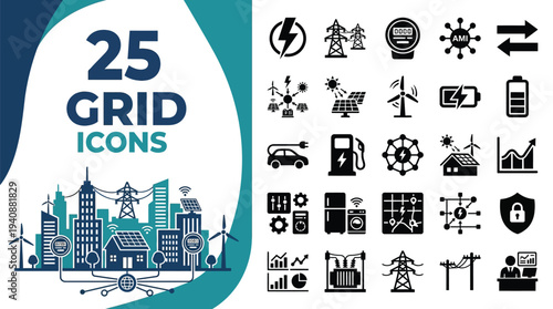 A collection of 25 grid icons representing energy and technology.