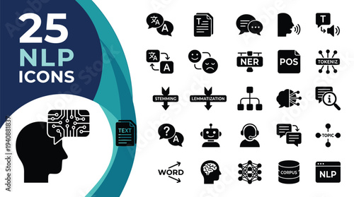 Collection of 25 Natural Language Processing icons illustrating concepts.