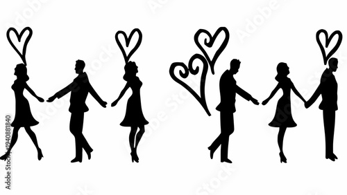 Silhouettes of romantic couples holding hands with heart designs