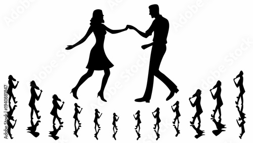 Couple dancing joyfully with silhouettes of people around them