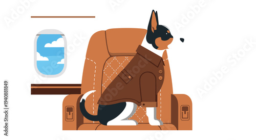 A stylish dog in a brown jacket sits comfortably in a quilted airplane seat, looking out a round window at a cloudy blue sky.
