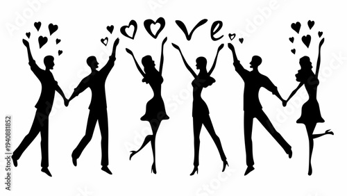 Silhouettes of joyful couples dancing with love hearts